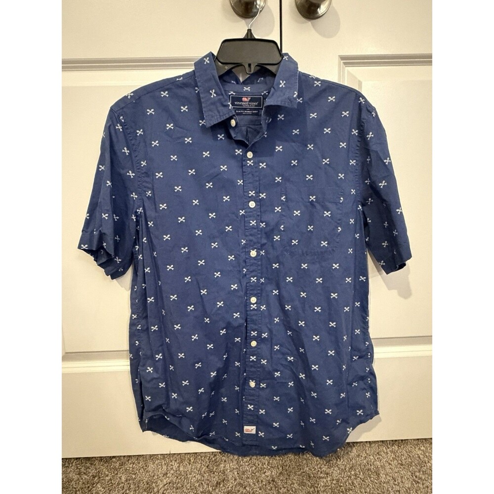 Vineyard Vines Shirt Mens Large Blue Graphic Short Sleeve Button Up Murray Slim